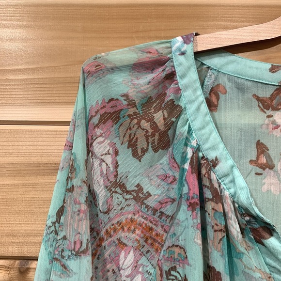 Figueroa & Flower Blouse Womens XL Teal Floral Sheer Button Front Paisley - Picture 2 of 11